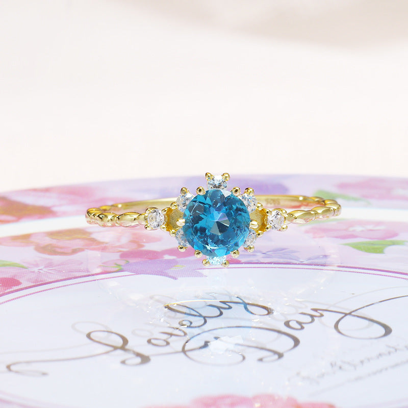 S925 Silver Natural Blue Topaz Zircon Ring for Women